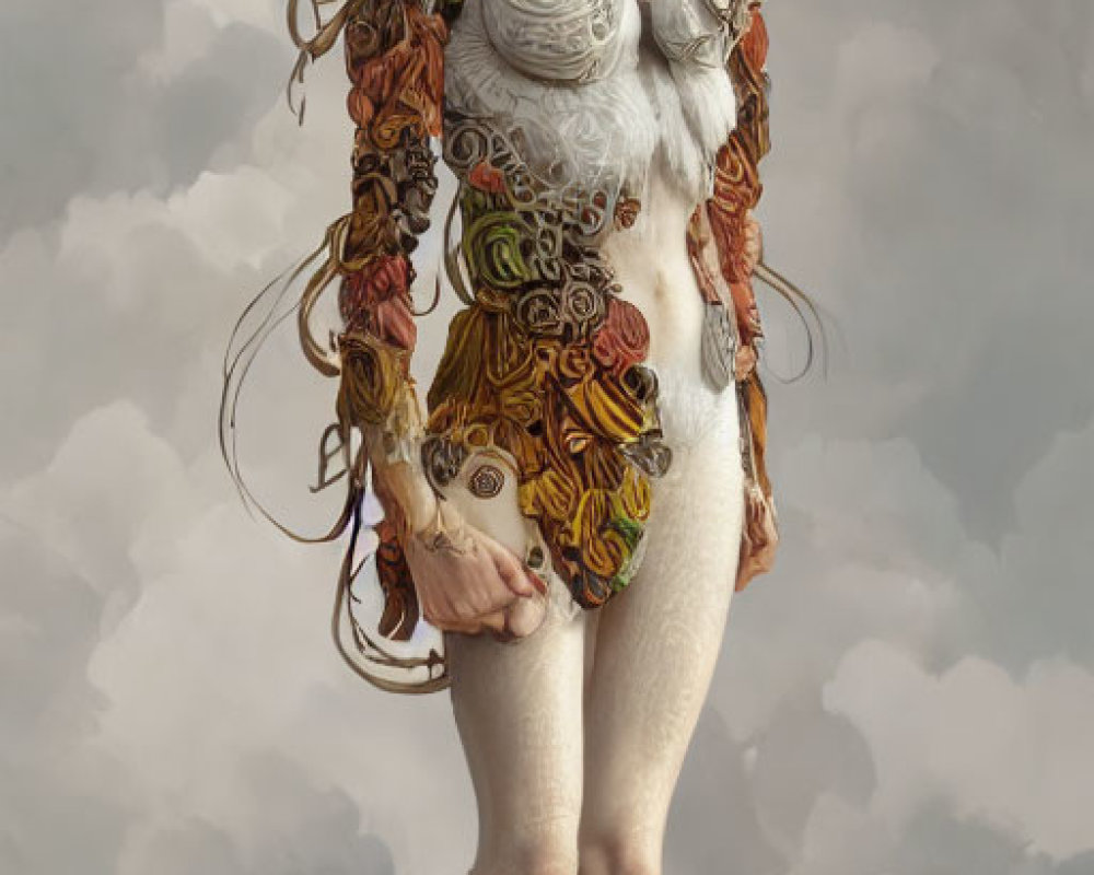 Surreal female figure with natural elements on cloudy backdrop