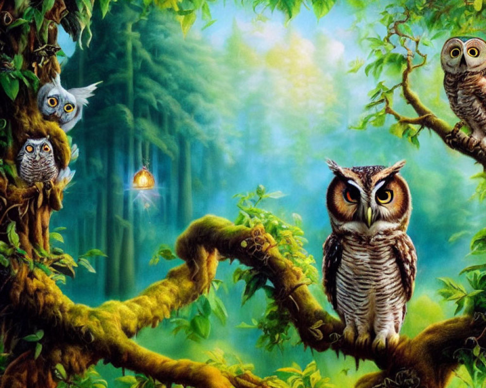 Three owls on moss-covered branches in a lush forest with soft sunlight.