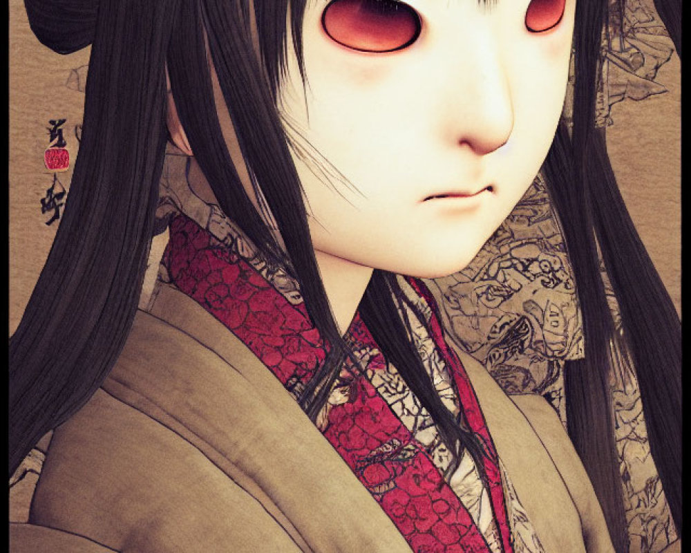 Character with pale skin, red eyes, black hair in Japanese attire.