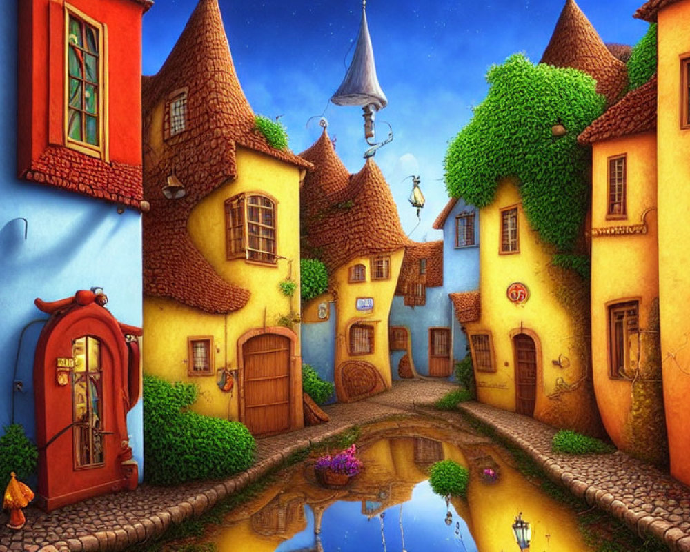 Colorful Stylized Village with Cobblestone Street and Water Canal