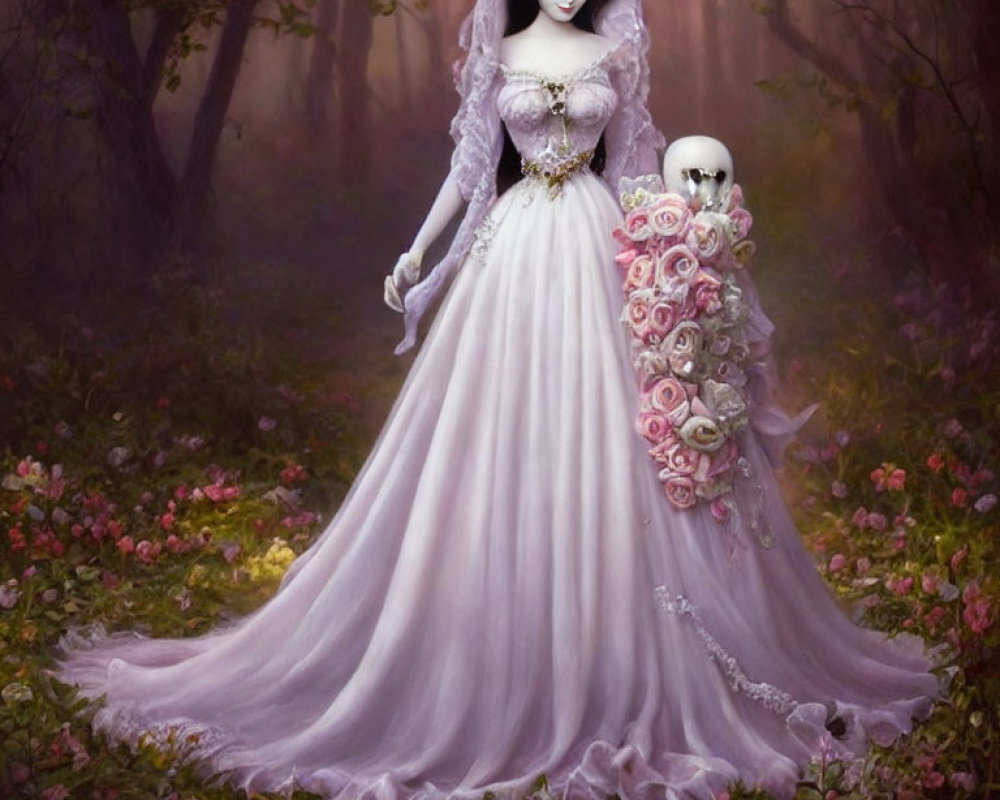 Gothic figure in purple dress with skull bouquet in misty forest