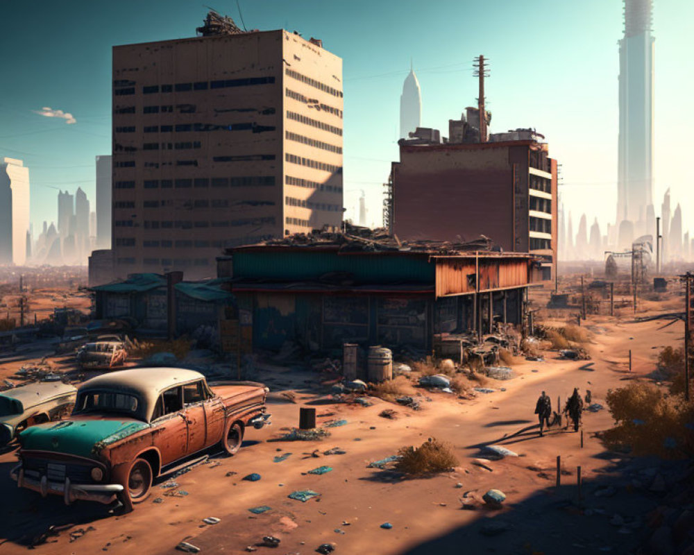 Derelict cityscape with old car, futuristic skyscrapers, and hazy sky