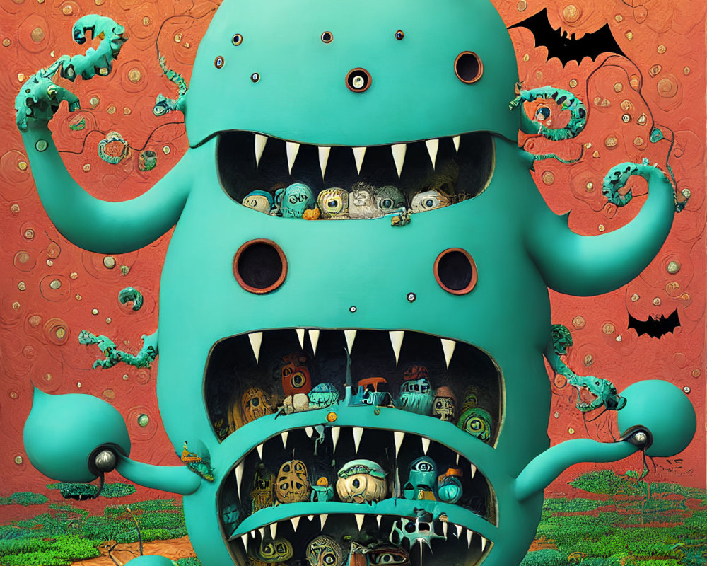 Colorful, detailed image of whimsical blue monster with multiple eyes and layers, revealing smaller creatures within