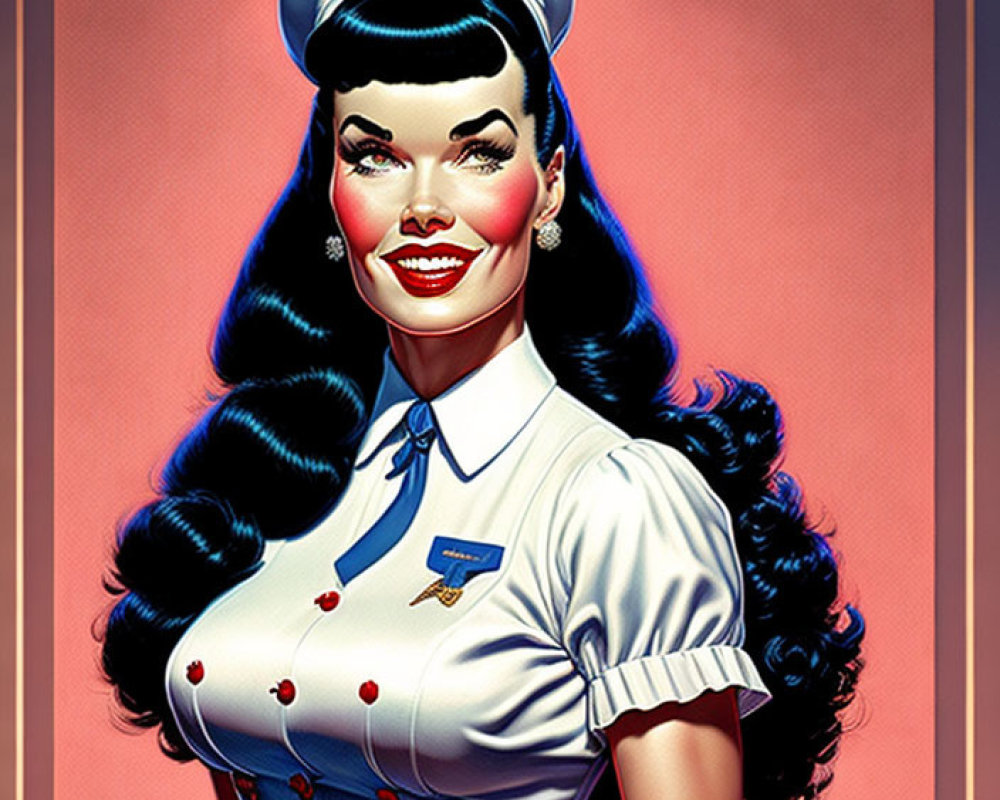 Vintage-style nurse illustration in classic blue and white uniform with red cross