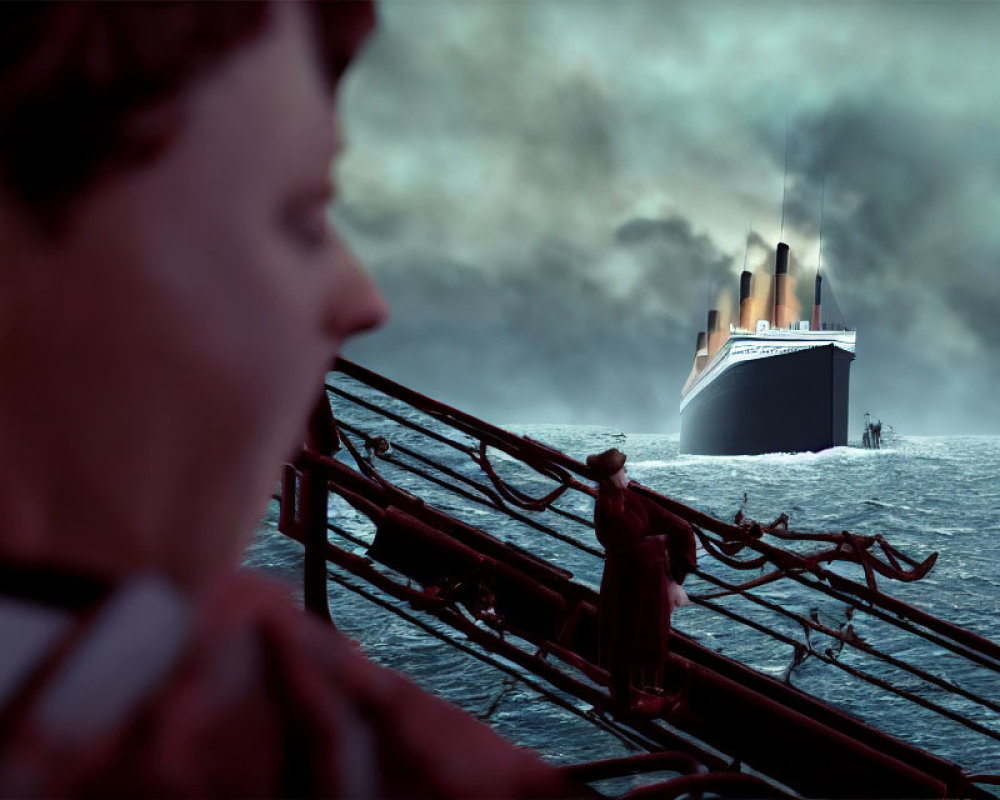 Person watching large ship on ocean under cloudy sky from deck with red railings