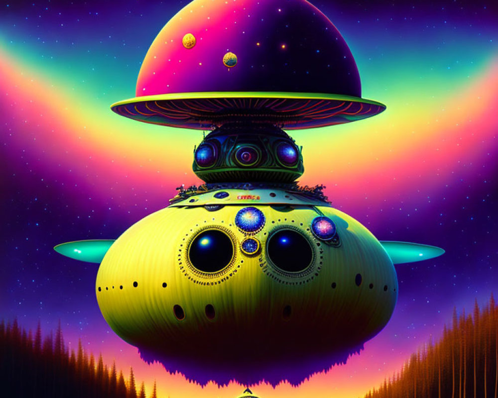 Colorful UFO and smaller ship in vibrant digital artwork