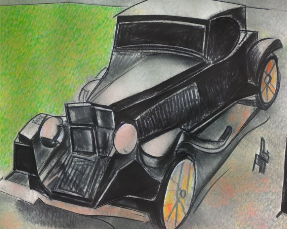 Colorful vintage car drawing with large grille and headlights in angled side view.