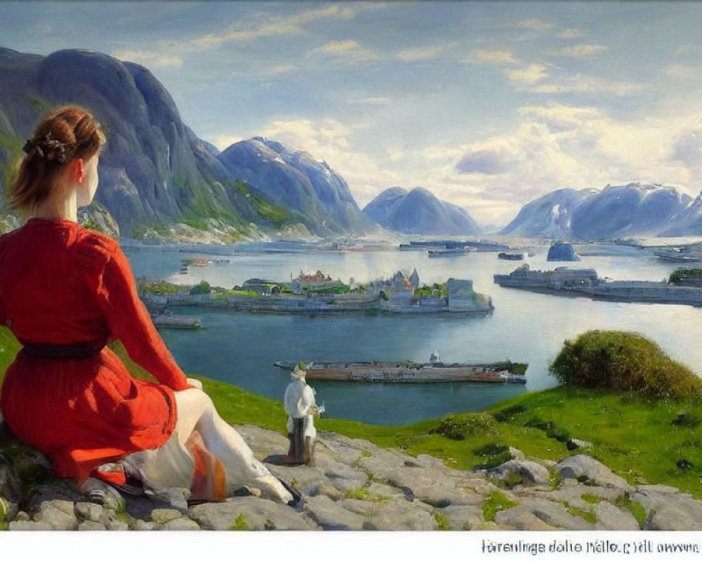 Woman in Red Dress Overlooking Serene Fjord and Boats