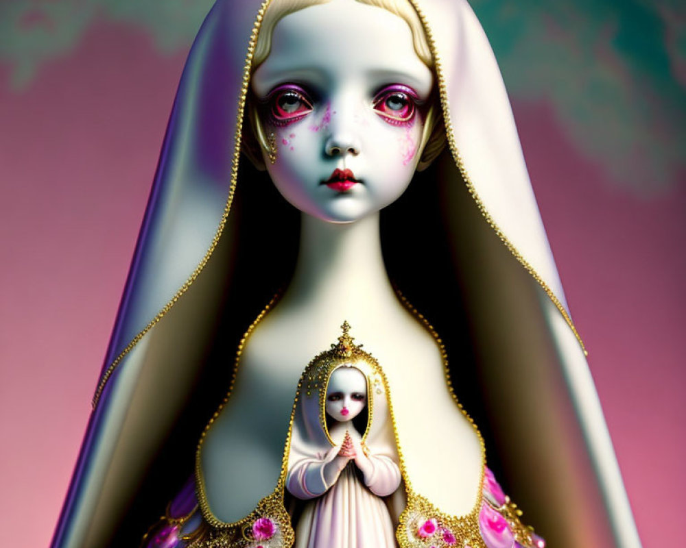 Layered doll-like figure with golden trim on pastel sky backdrop