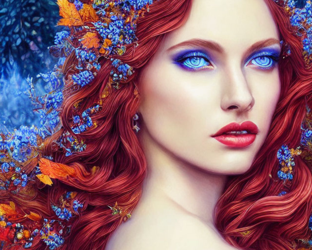 Woman with Red Hair, Autumn Leaf Crown, Blue Eyes, and Makeup