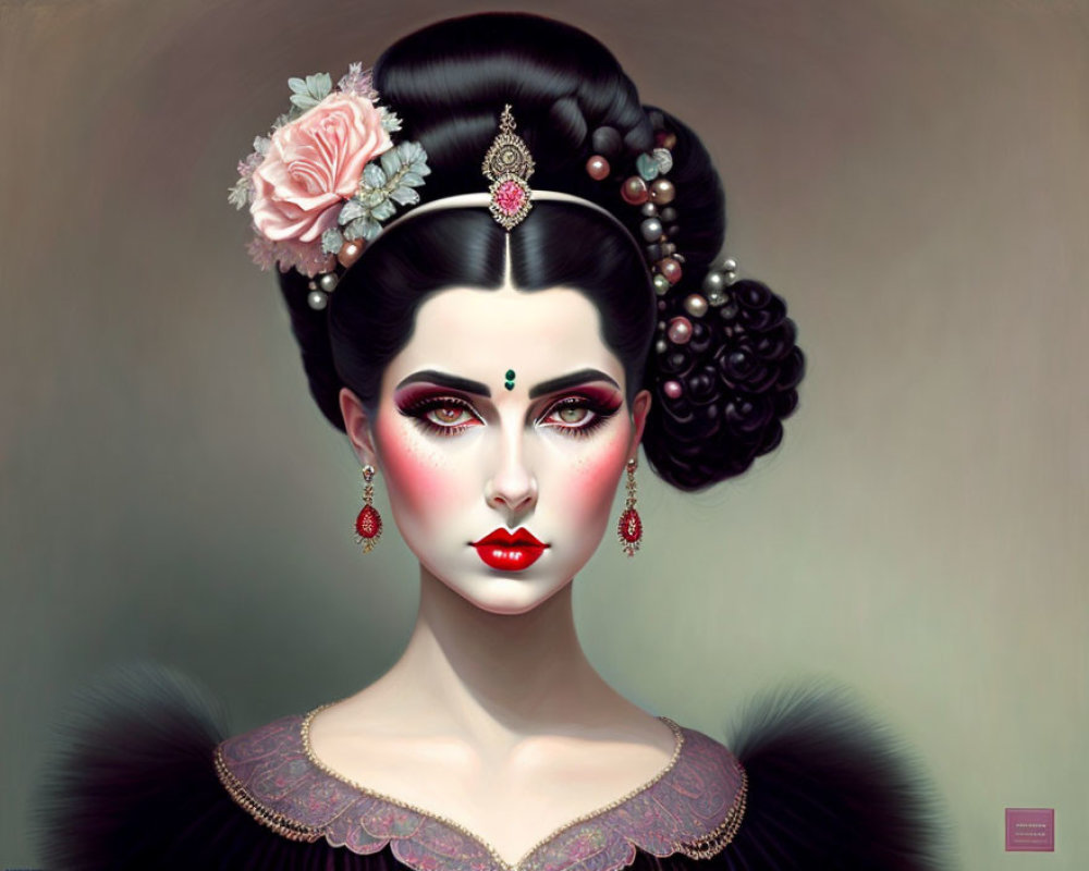 Illustrated woman with elaborate updo, pearls, pink flower, glamorous makeup