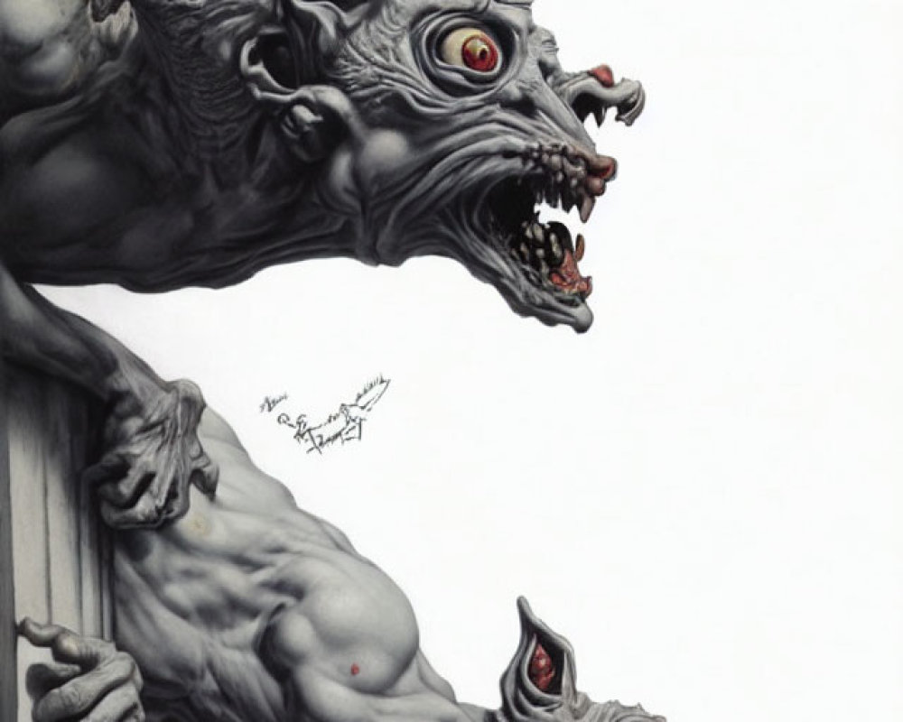 Monstrous grayscale creatures with muscular bodies and snarling canine-like heads