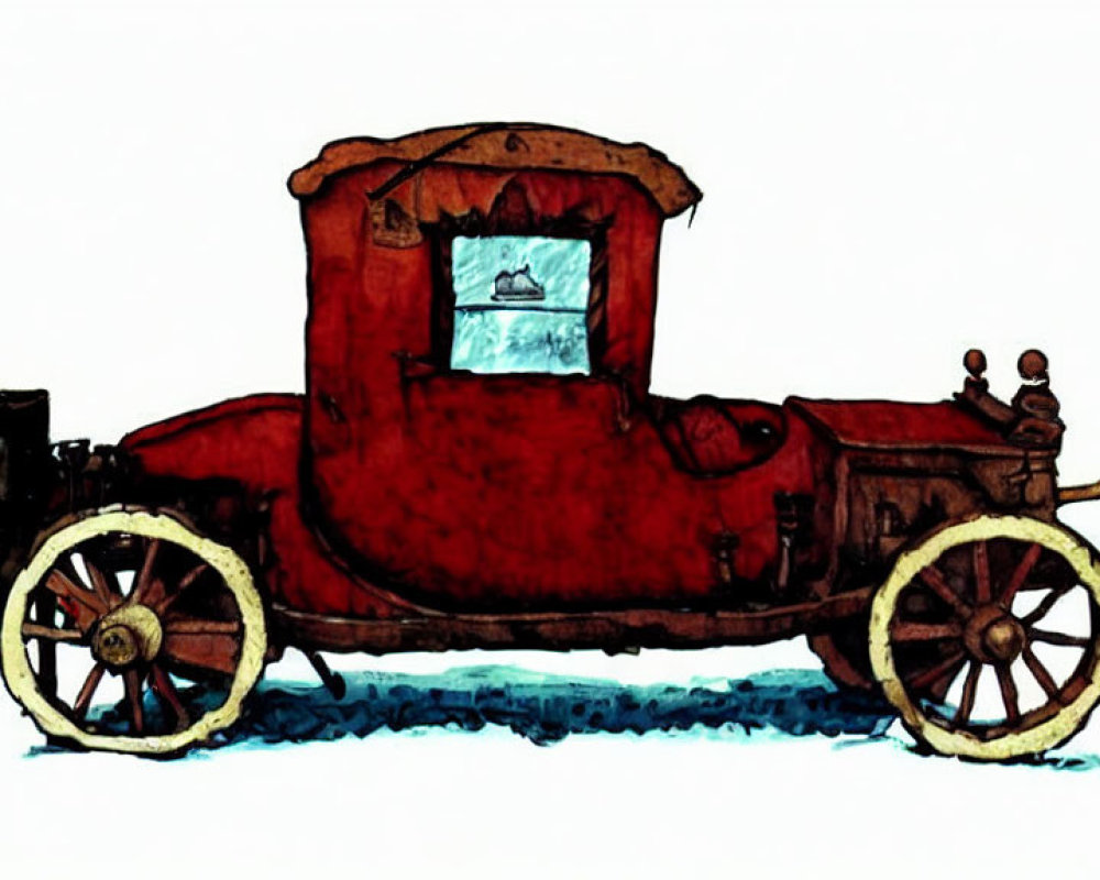 Vintage Red Car Illustration with Large Spoked Wheels and Carriage-Style Cabin