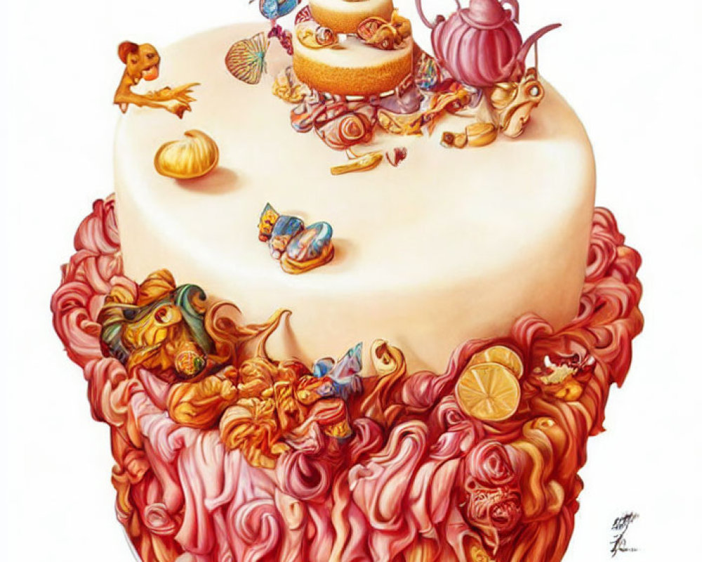 Whimsical cake illustration with teapots, sweets, butterflies, and character