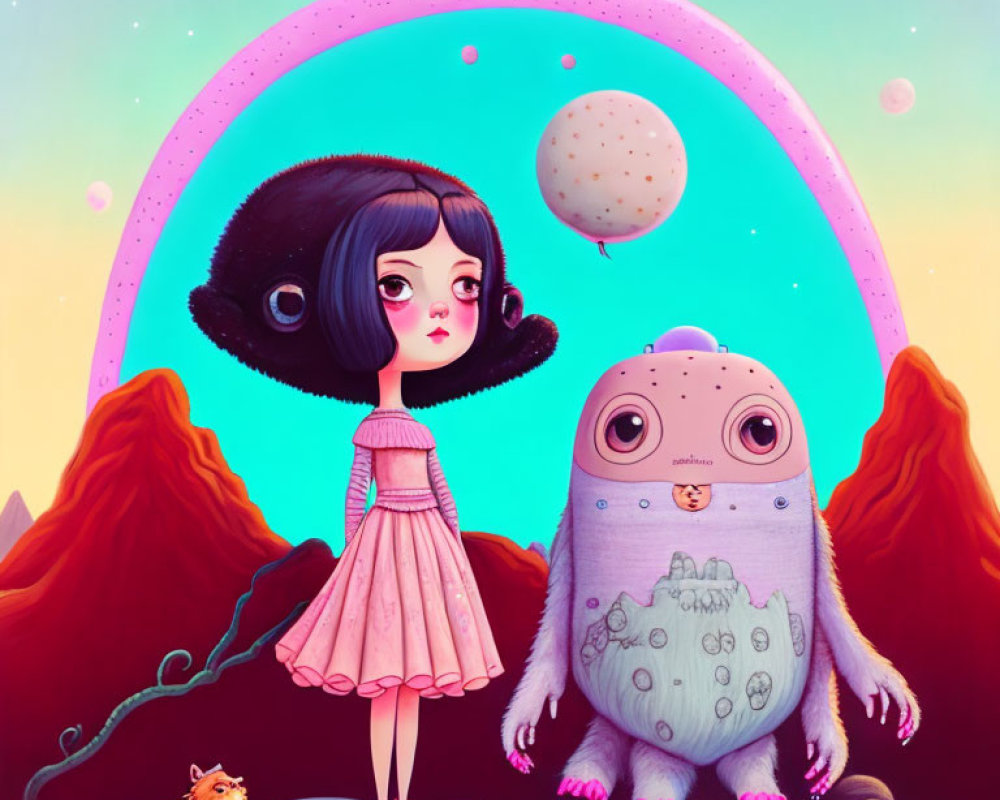 Whimsical girl illustration with large eyes and pink dress under crescent moon