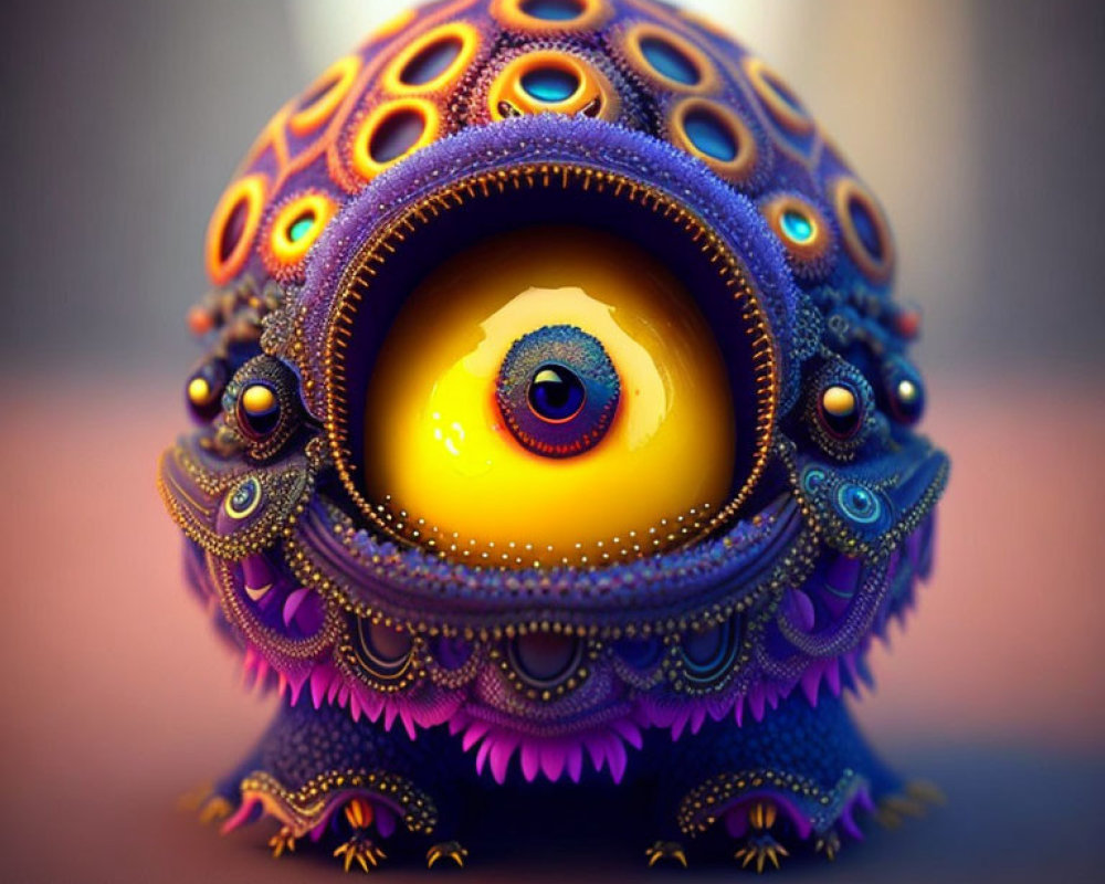 Vibrant colorful creature with large eye and intricate patterns