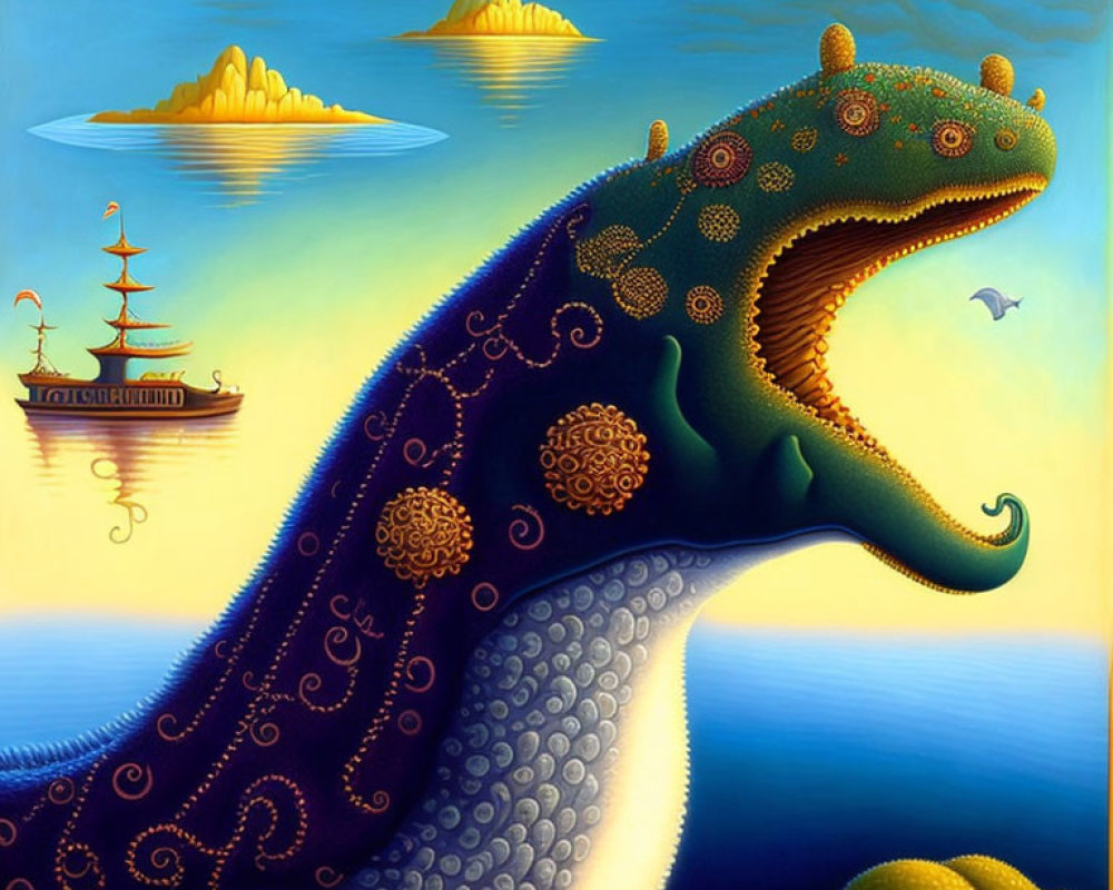 Surreal painting featuring sea creature with reptilian head, sailing ships, and floating islands