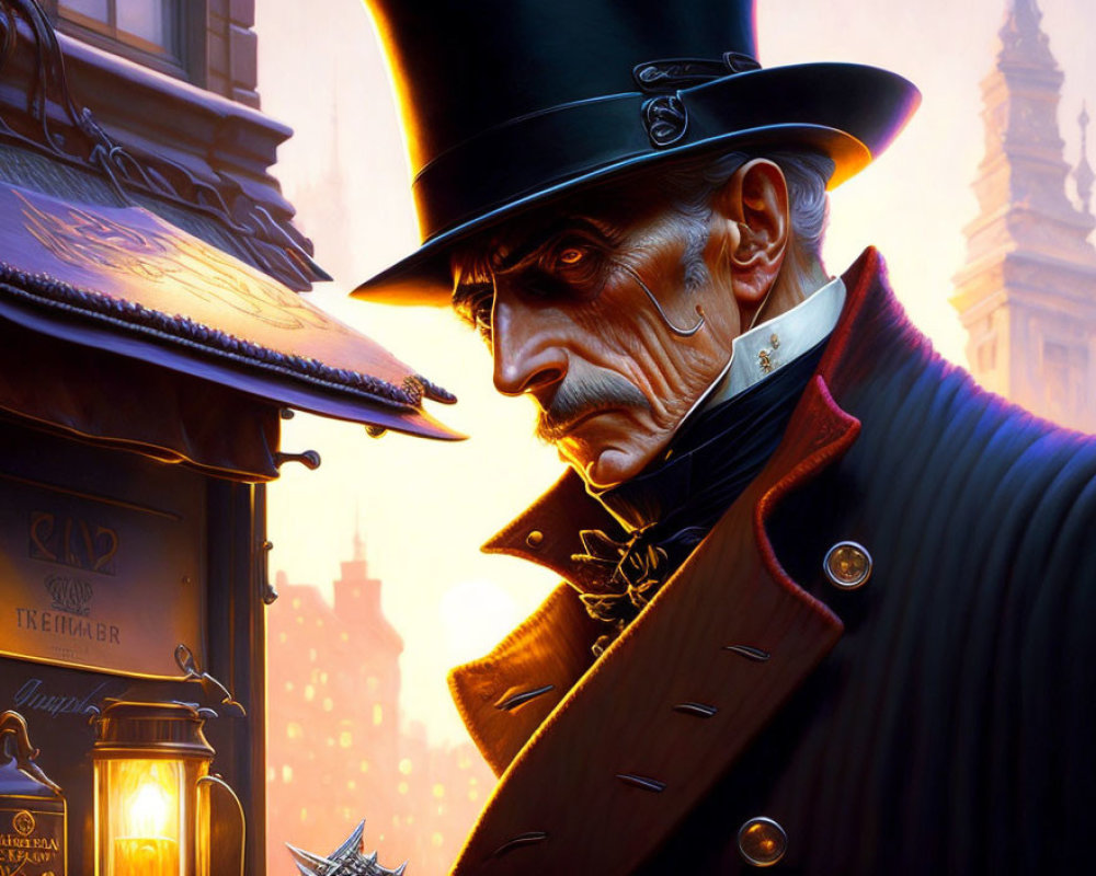 Elderly man in top hat and coat by street lamp with cityscape background