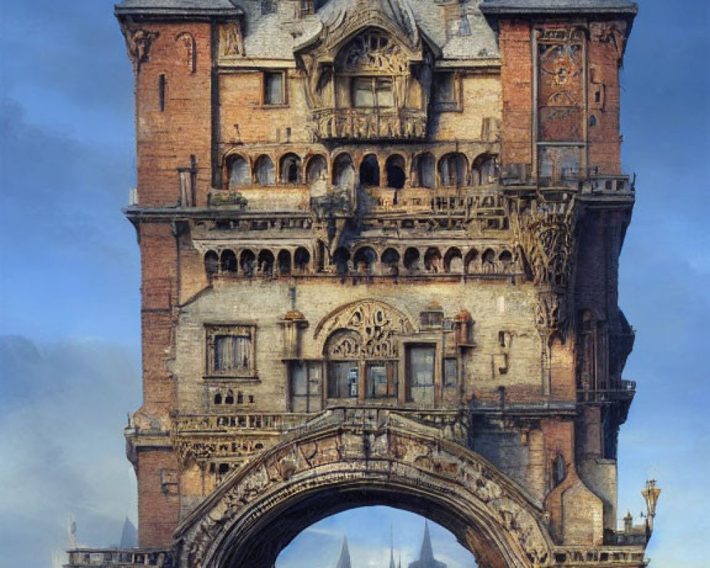 Intricate Gothic castle atop stone archway with lone figure and ruins