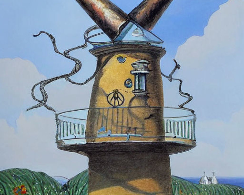 Whimsical upside-down cone building with trumpet-like extensions in a field setting