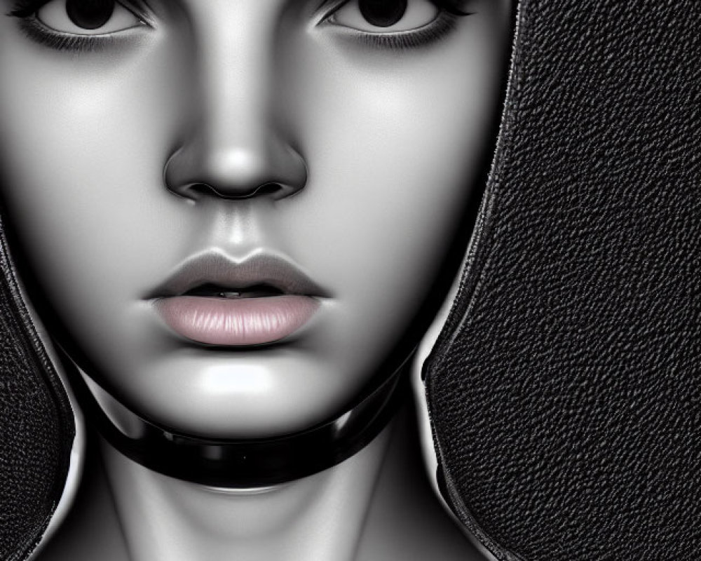 Monochromatic close-up of woman with intense eyes and futuristic headpiece
