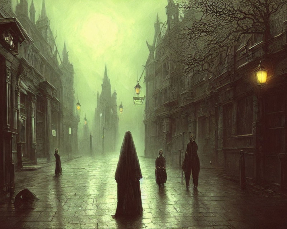 Mysterious Gothic street scene with cloaked figures under eerie green light