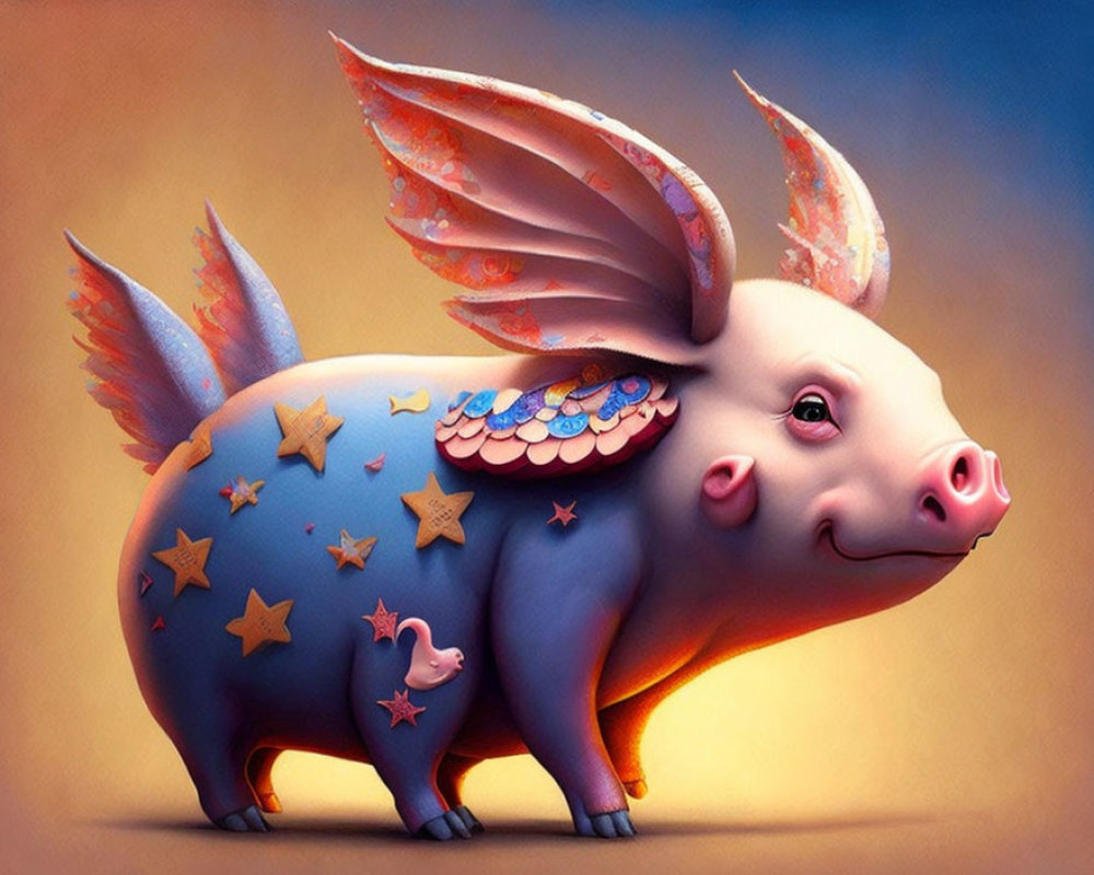 Whimsical pig with wings and mouse on warm gradient background