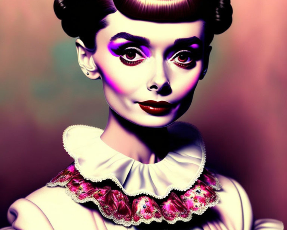 Vintage-inspired digital portrait of a woman with bold makeup and ornate collar