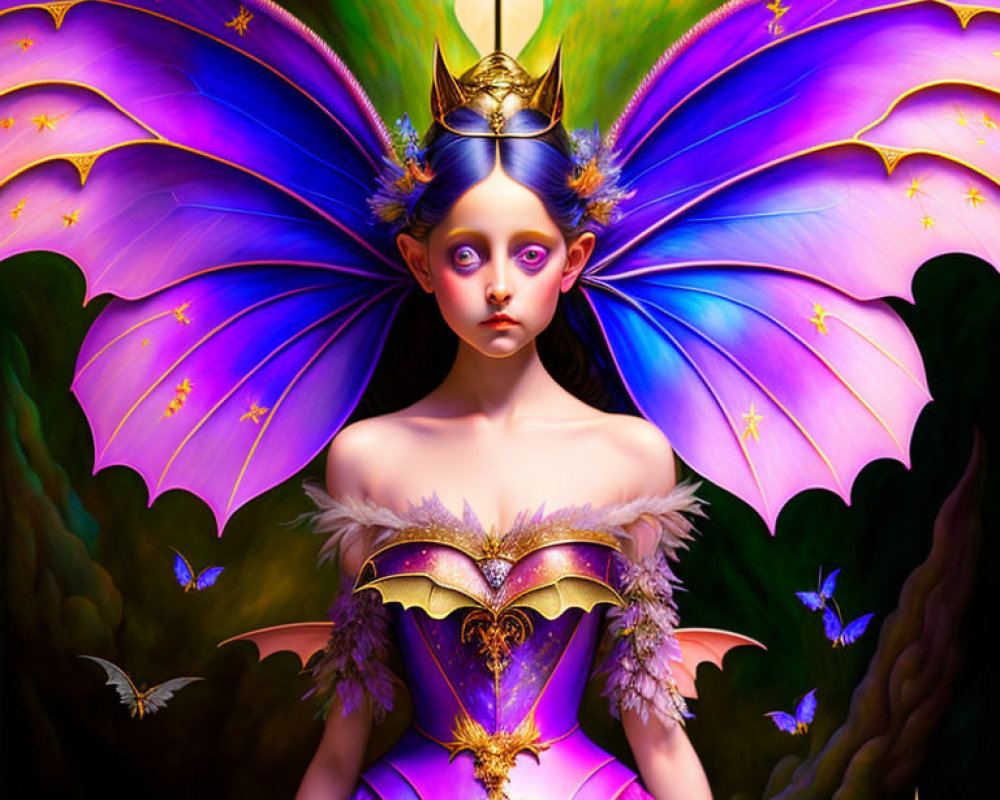 Vibrant purple-winged fairy in ornate dress on magical background