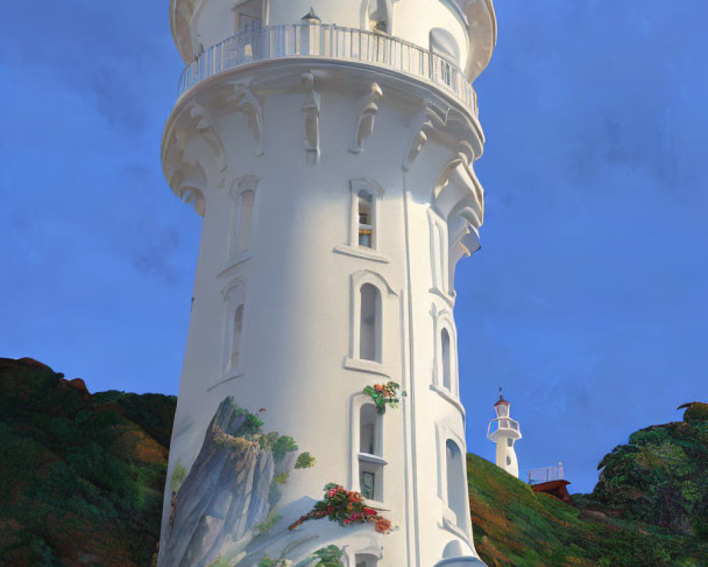 Picturesque tall lighthouse on rugged cliff with greenery and distant view.