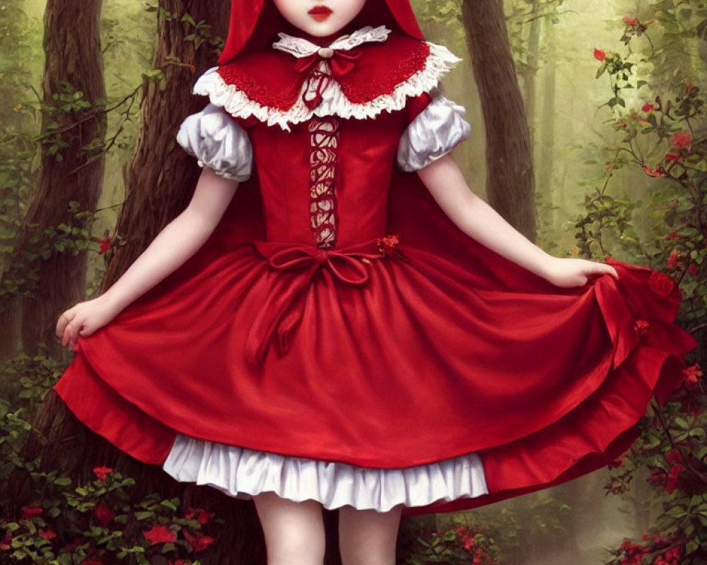 Doll-like figure in red cape and dress in whimsical forest setting