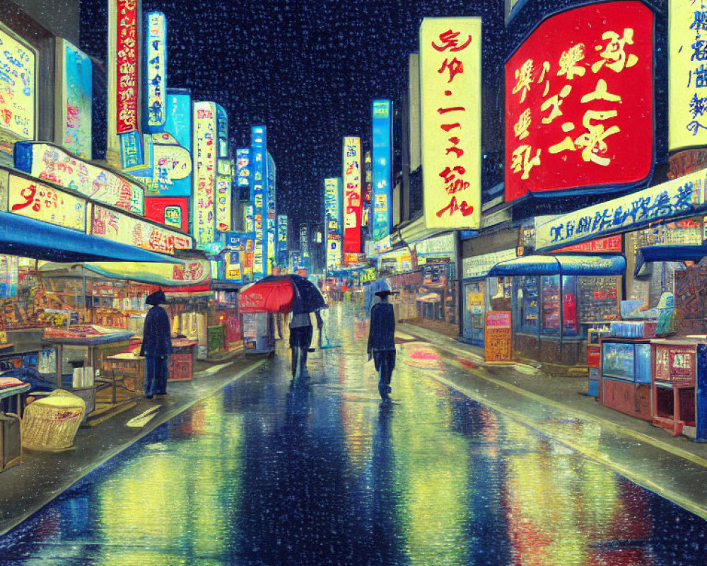 Nighttime street scene with neon signs, rain, umbrellas, and reflections.