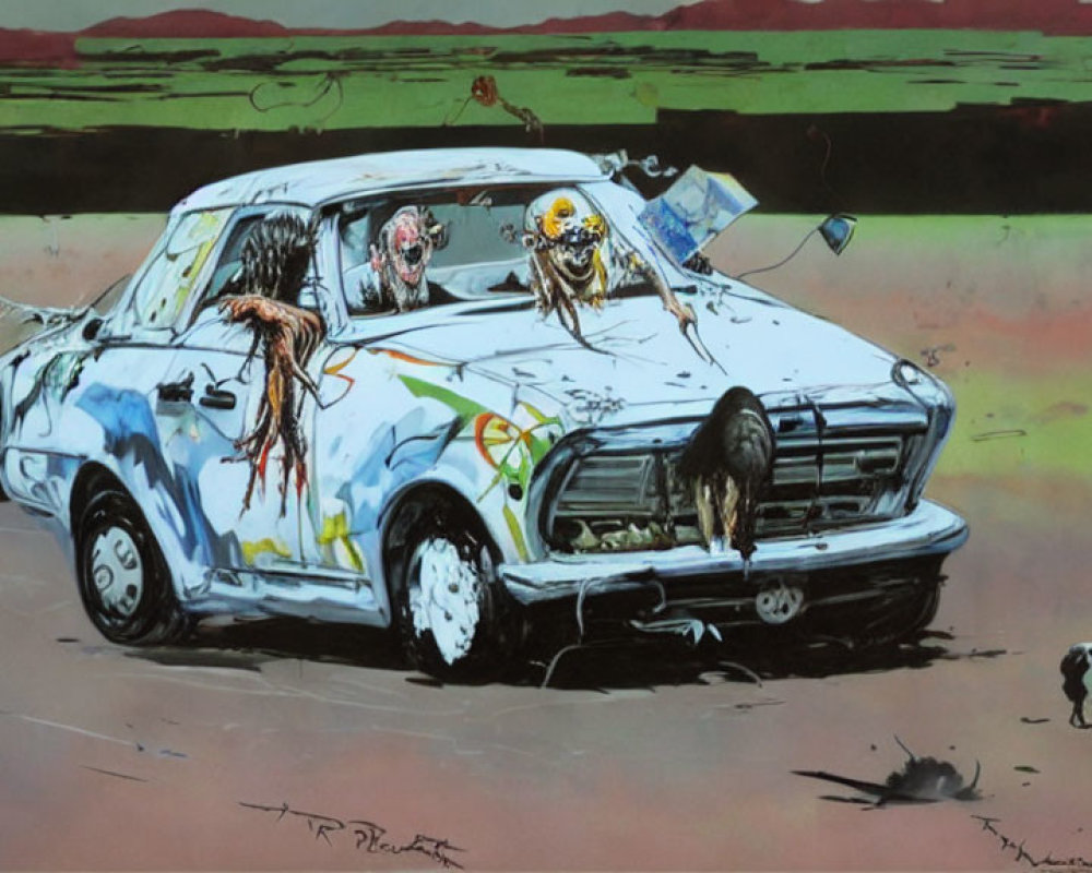 Surreal dystopian artwork: damaged white car with cartoonish grotesque creatures