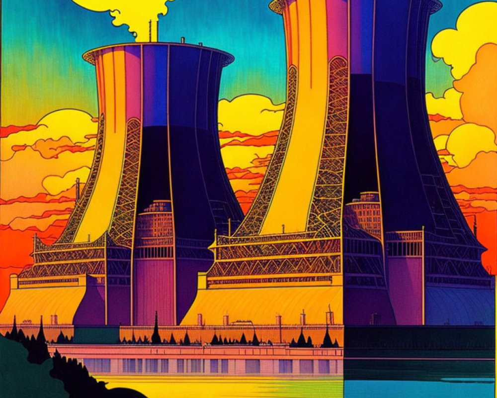 Colorful illustration of nuclear power plant against psychedelic sky