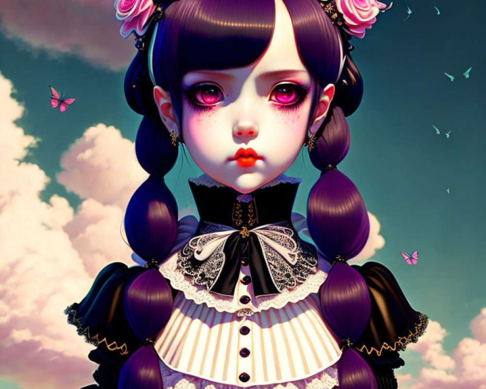 Stylized illustration of girl in Gothic Lolita dress with expressive eyes