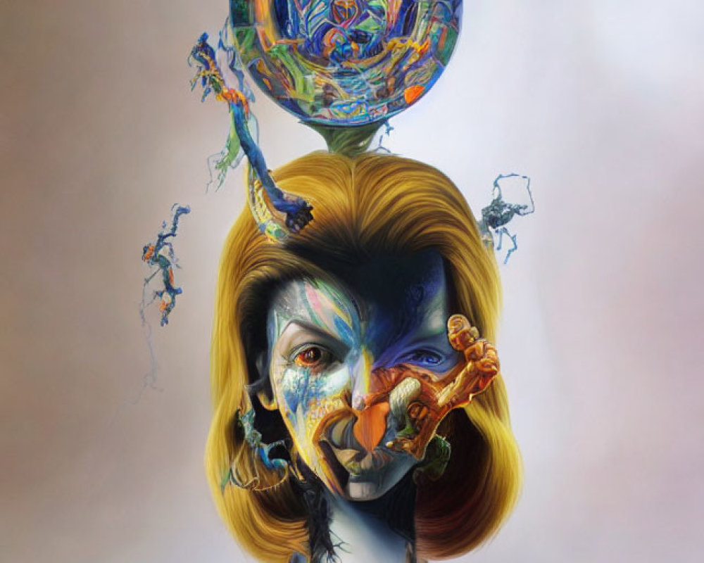 Colorful surreal portrait with extended hands and abstract sphere.