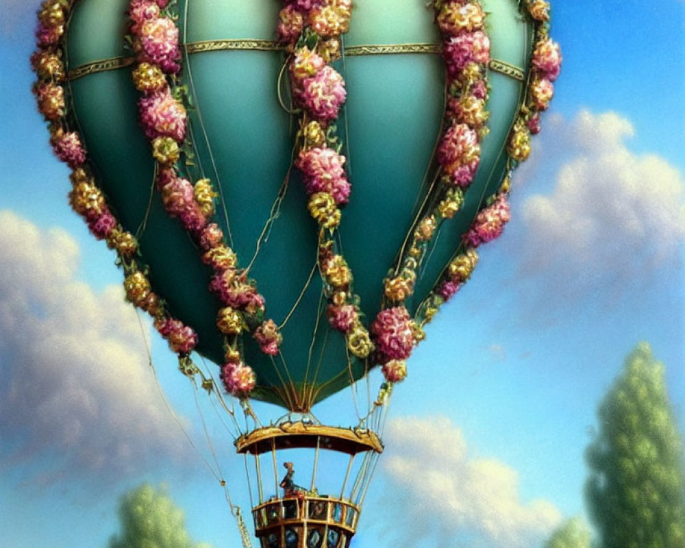 Pink flower hot air balloon floating in clear blue sky with greenery below