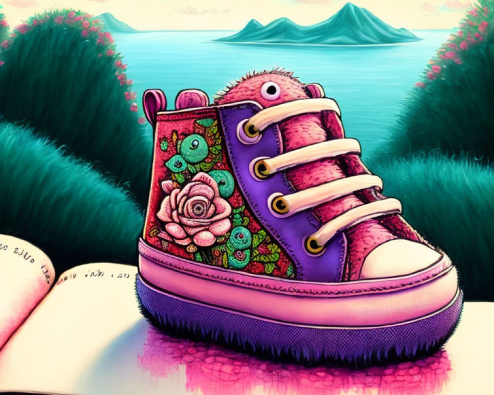 Illustration of giant pink sneaker with lush ecosystem inside and flying creature in landscape