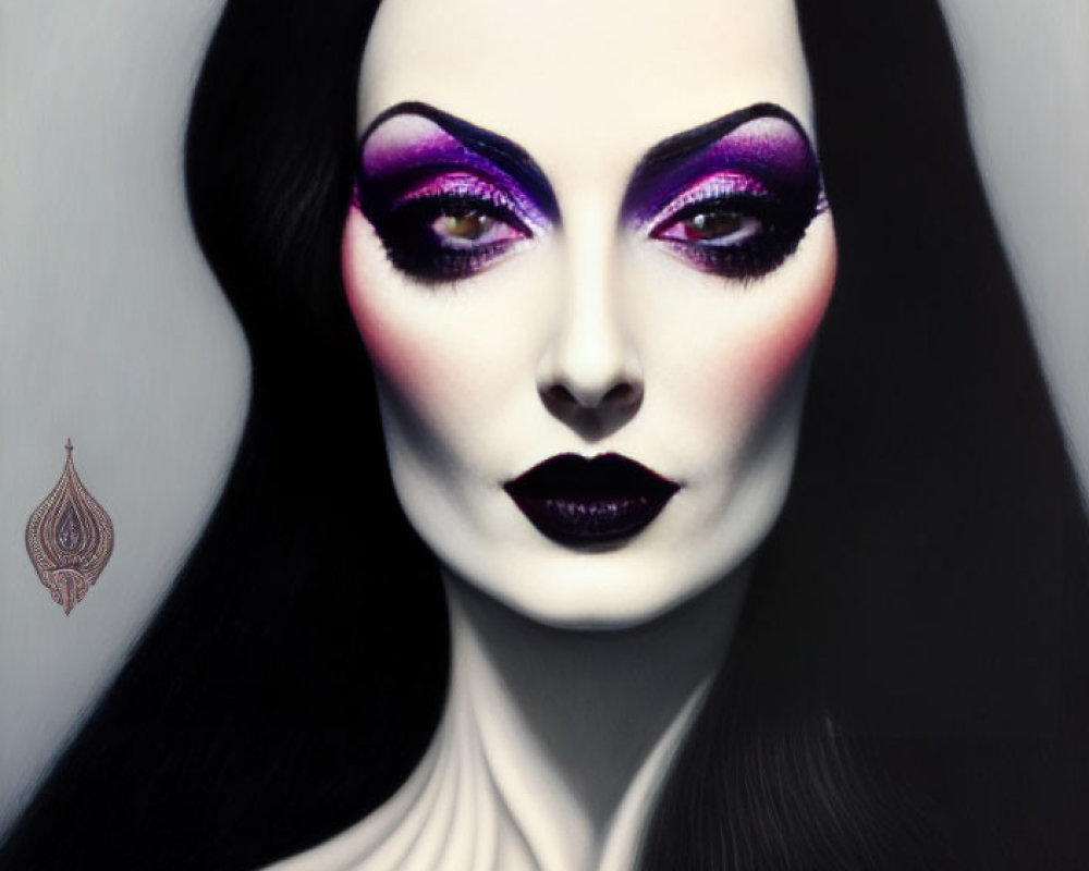 Stylized portrait of woman with purple eye makeup and black lipstick