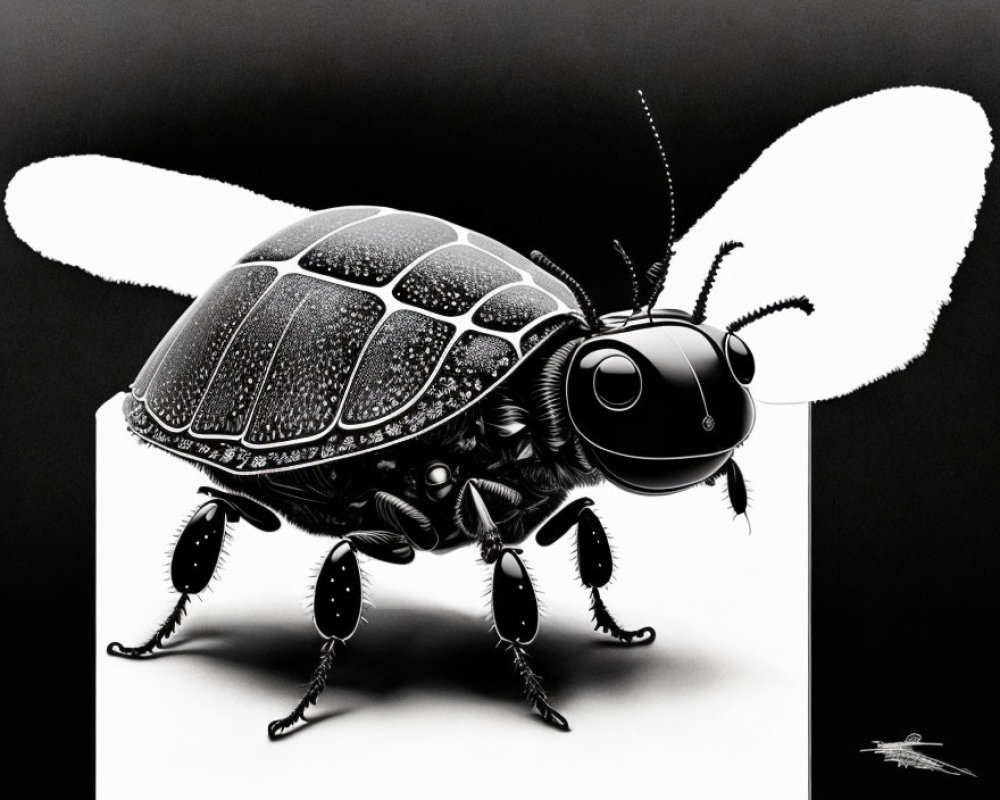 Detailed Black and White Beetle Illustration on White Surface