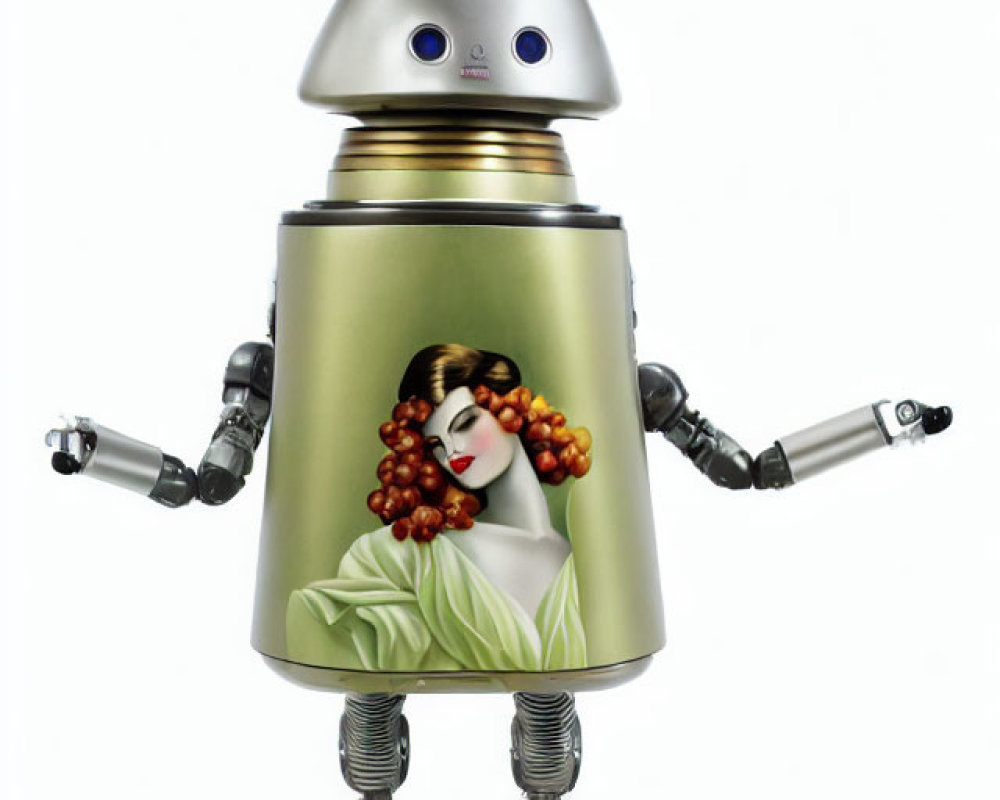 Whimsical robot with classic painting on metal body