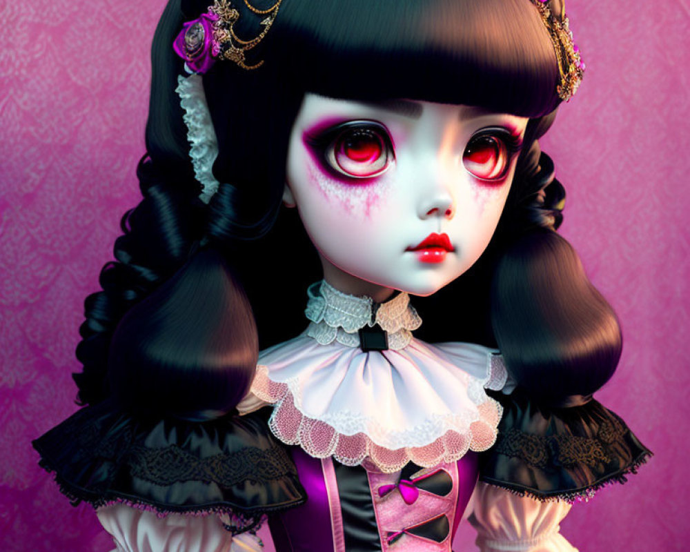 Gothic Lolita Doll Character with Red Eyes in Digital Art