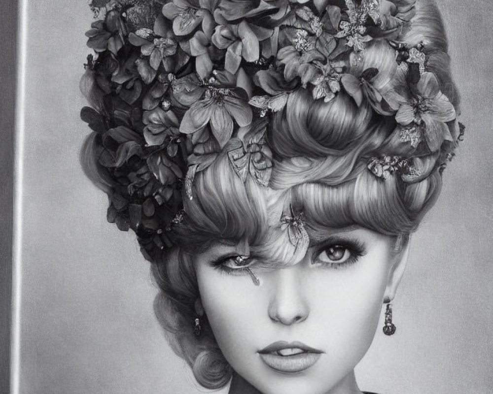 Monochrome portrait of woman with floral headpiece, bangs, and vintage vibe