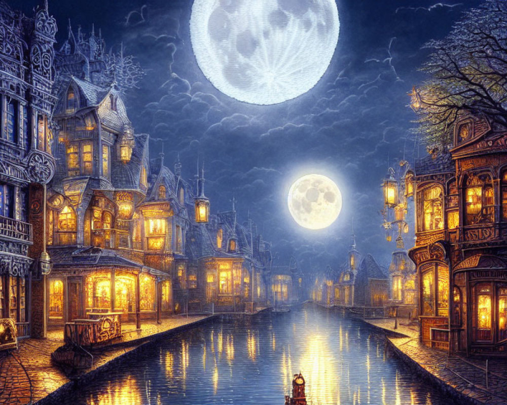 Moonlit cobblestone street with illuminated buildings beside serene canal