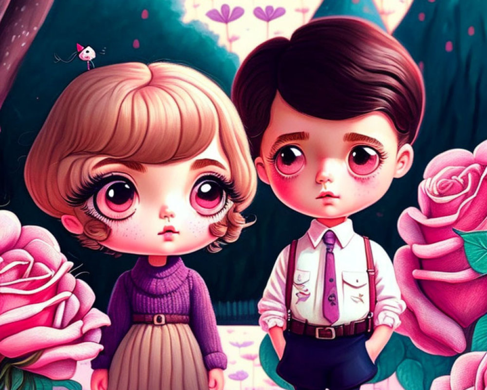 Stylized animated children in fantasy landscape with oversized roses and heart-shaped trees