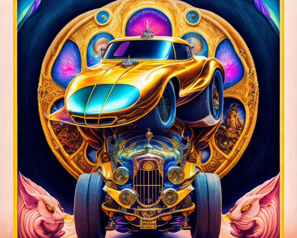 Colorful Psychedelic Hot Rod Illustration with Eye-like Patterns