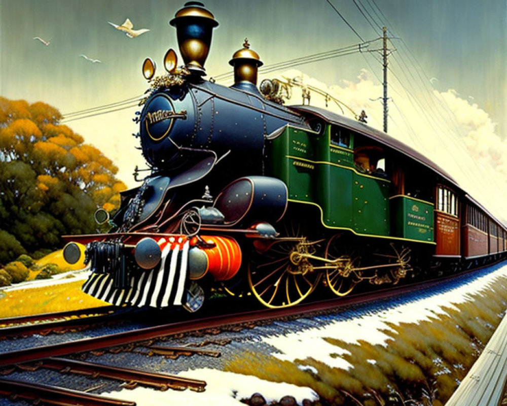 Colorful painting of green steam locomotive on tracks with birds and cloudy sky