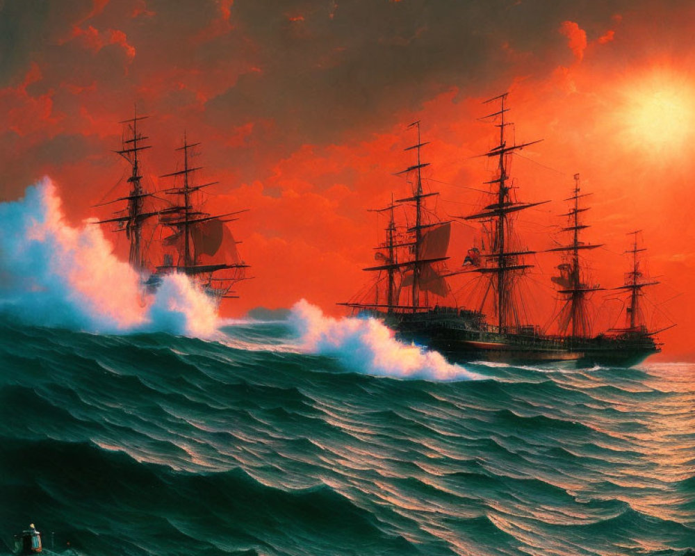 Tall ships sailing on tumultuous seas under a dramatic red sky