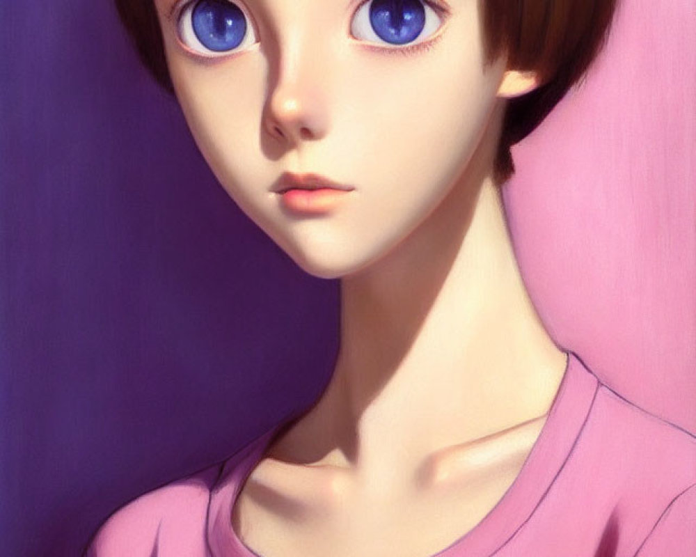 Young girl with blue eyes and bob haircut in pink top portrait.