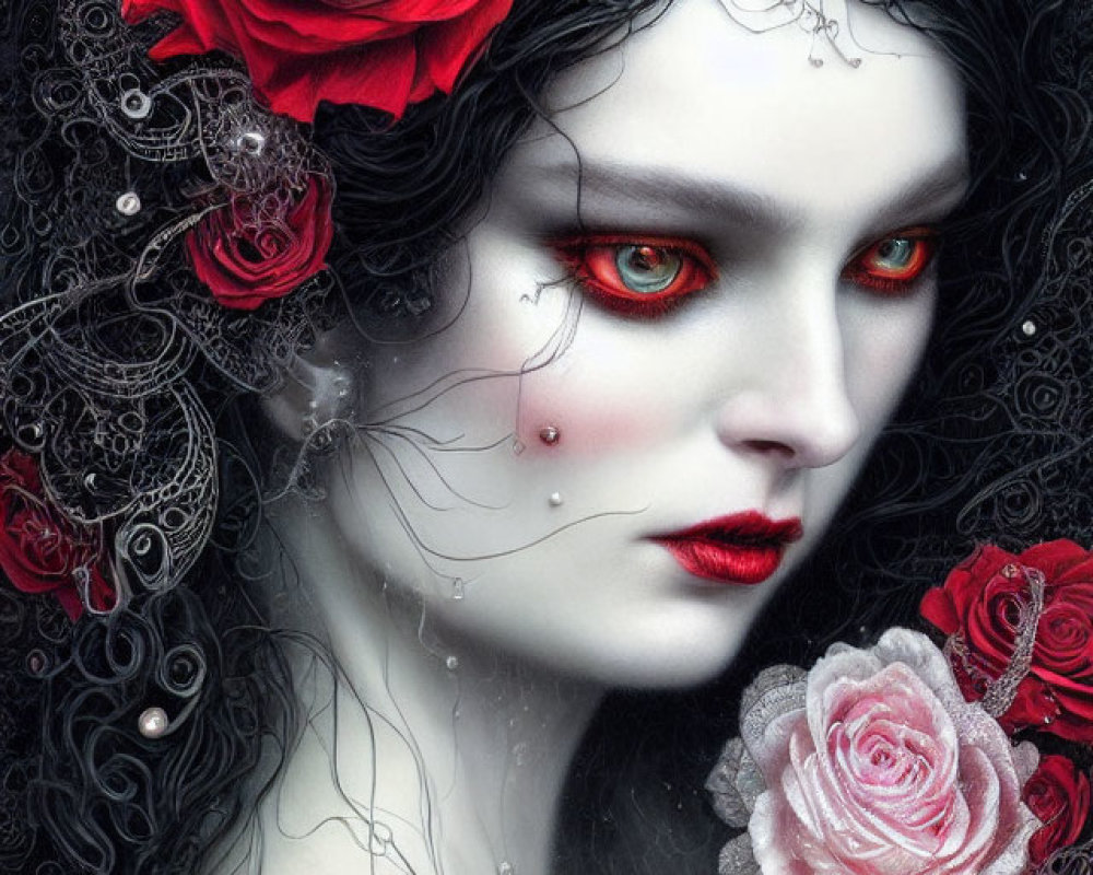 Gothic woman with pale skin, red eyes, dark hair, red roses, lace details